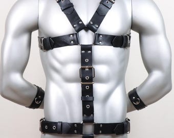 Black Bondage Leather Chest Harness with Adjustable Straps and Needle Buckle
