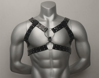 Sleek Black Double Ring Leather Chest Harness with Adjustable Straps