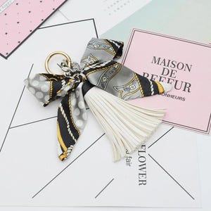 Designer Leather Tassel Keychain | Silk Scarf Keychain | Leather Keychain for Women | Luxury Bag Charm | Keychain Charm for Women | Keychain