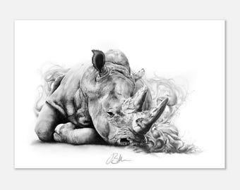 サイの絵のアートプリント：リアルなグラファイト野生動物イラスト