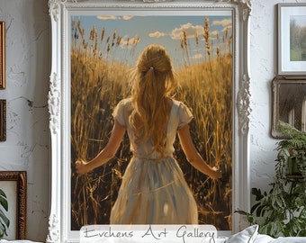 Raccolto dorato, Arte della parete, Arte digitale, Estate, Donna nel campo di grano, Natura, Opera d'arte, Murale, Decorazione soggiorno, Raccolto