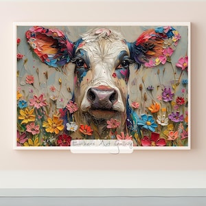 May include: A colorful painting of a cow with a white face and black spots. The cow is surrounded by a field of colorful flowers. The painting is titled "Evchens Art Gallery".