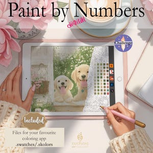 May include: Digital paint by numbers image on a tablet screen featuring two adorable puppies in a garden setting. The image is labeled "Paint by Numbers" and "Challenge".