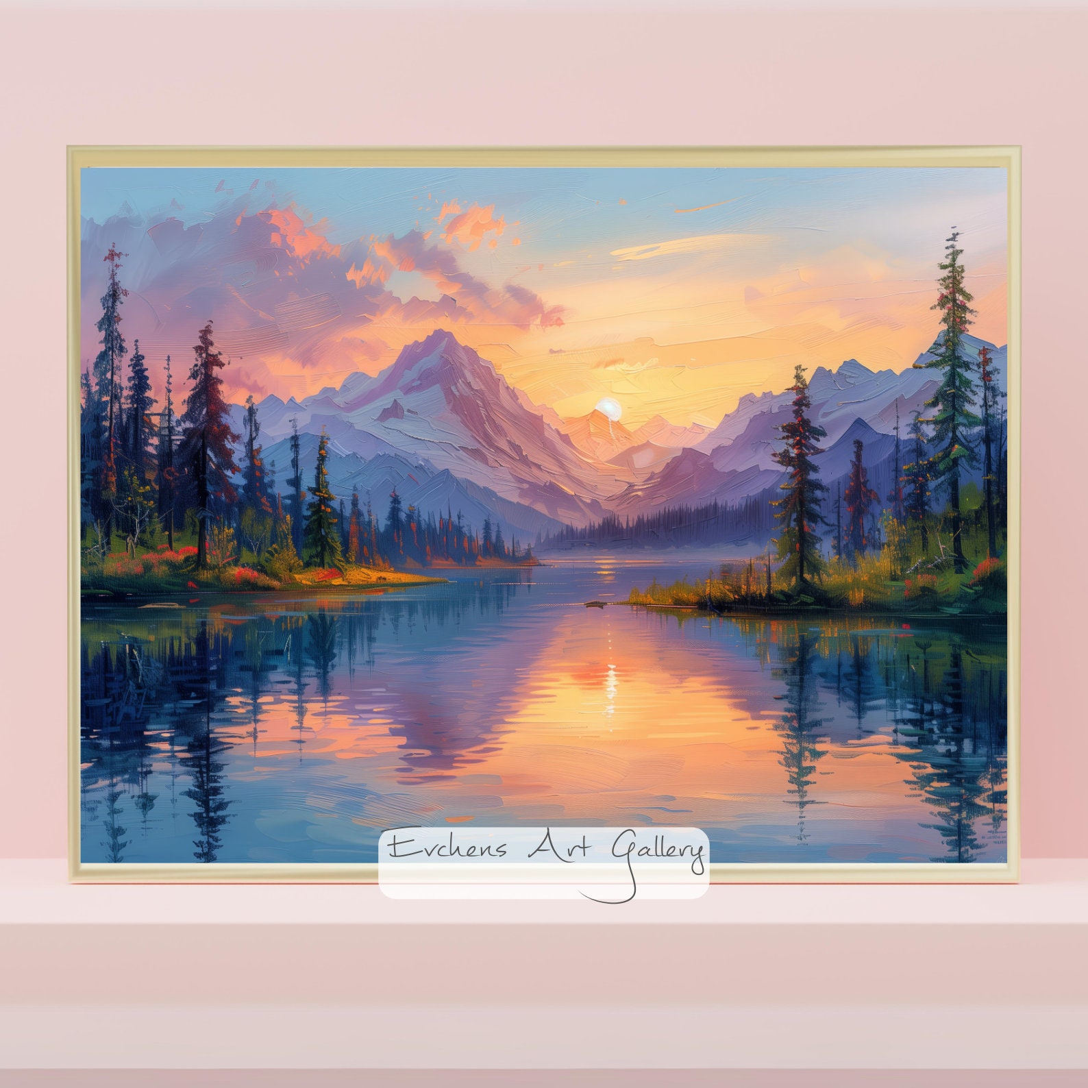 Serene Mountain Lake, Wall Art, Landscape, Nature Painting, Sunrise ...