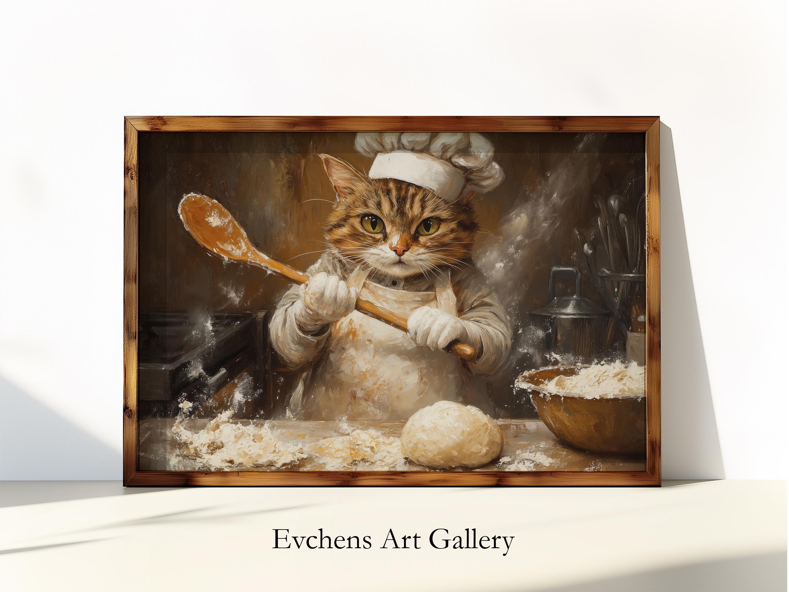 Cat as Baker Wall Art, Funny Kitchen Decor, Animal Illustration