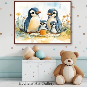 Wandkunst Kinderzimmer Pinguin Familie, süßes Aquarell, Kinder Bild Pinguine mit Tasse, Kinder Poster #81