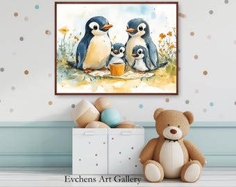 Nursery Wall Art Penguin Family, Cute Watercolor, Kids Print Penguins with Cup, Kids Poster