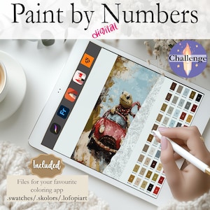 Può includere: Applicazione digitale di pittura per numeri su un tablet con uno stilo. L'immagine mostra una tartaruga dei cartoni animati che guida un'auto rossa. L'app include una tavolozza di colori con molte sfumature diverse.