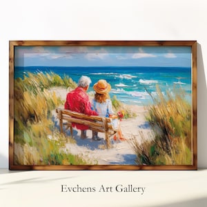 Beach Wall Art, Romantic Couple Oil Painting, Coastal Landscape Art