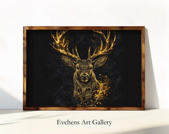 Golden Deer Wall Art, Digital Print, Dark Aesthetic, Antler Art, Forest Animal, Gold Poster, Living Room Decor, Black Gold Print