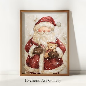 Santa Claus Wall Art, Watercolor with Teddy Bear, Digital Art, Poster Print