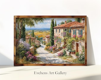 Toscana Italia Paesaggio Arte murale Villaggio mediterraneo Dipinto Arte murale vintage Dipinto di paesaggio #368