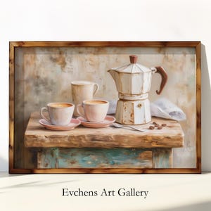 以下が含まれることがあります： 白いコーヒーポット、コーヒーカップ3つ、青と緑の塗装が施された木製のテーブルが置かれた静物画。コーヒーポットはテーブルの上にあり、その前に小さなコーヒー豆の山がある。カップはテーブルの上に一列に並べられ、背景にはコーヒーポットがある。絵は木製の額縁に収められている。