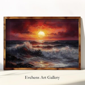 Sunset Ocean Wall Art, Dramatic Sea Waves, Digital Wall Art, Coastal Landscape, Sunset Print