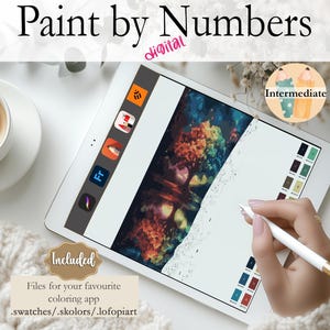 May include: A digital paint-by-numbers design on a tablet, with a colorful abstract image. The tablet is on a white surface next to a cup of coffee with heart-shaped foam art. The text "Paint by Numbers" and "digital" are visible.