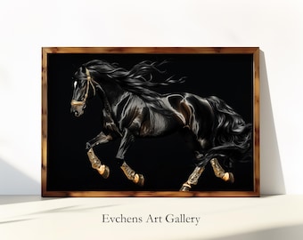 Black Horse Wall Art, Digital Artwork, Elegant Horse Print, Gold Accents, Luxurious Animal Art, Dark Elegance, Modern Horse Poster