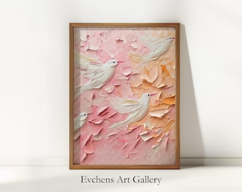 Bird Wall Art, Pastel Painting, Textured Bird Art, Pink Wall Art, Romantic Nature Decor