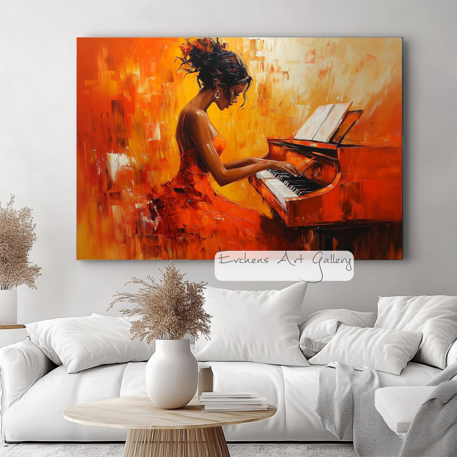 Abstract Painting of Woman Playing Piano, Music Art, Modern Wall Art ...