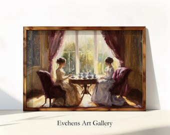 Elegante Tea Party alla finestra Pittura a olio per donne vittoriane Atmosfera romantica Arte classica Arte da parete vintage n. 99