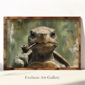 May include: A painting of a turtle with a pipe in its mouth. The turtle is brown and green and has a textured shell. The background is a green and brown abstract design.