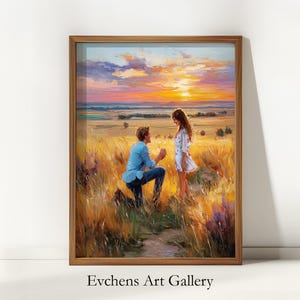 Romantischer Sonnenuntergang Heiratsantrag Wandkunst – Proposal Wall Art, Landschaftsbild, romantische Kunst, digitales Ölgemälde #319