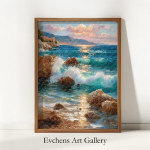 Coastal Landscape Wall Art, Ocean Sunset Oil Painting
