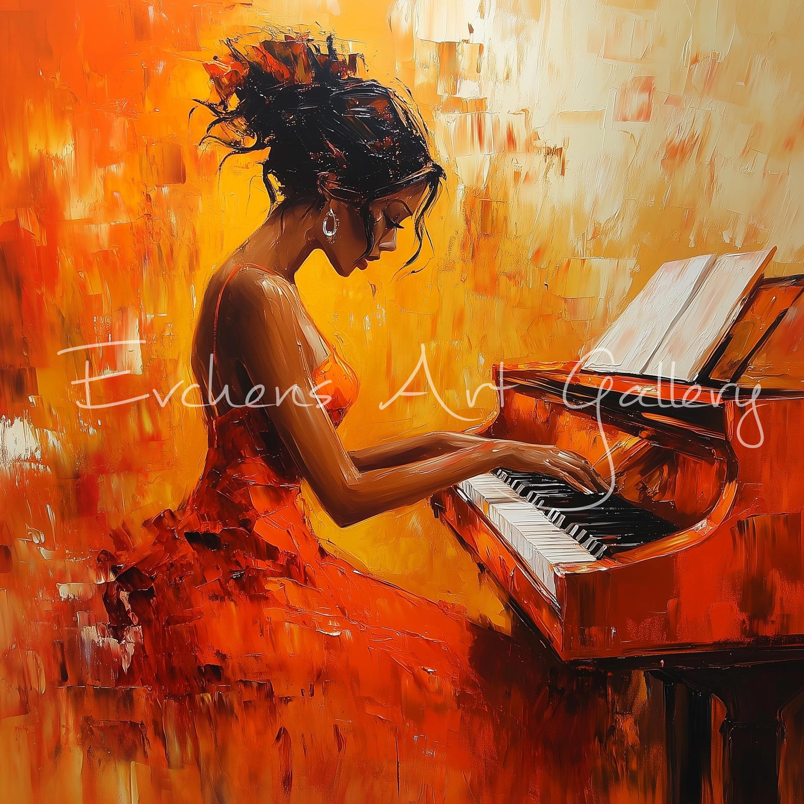 Abstract Painting of Woman Playing Piano, Music Art, Modern Wall Art ...