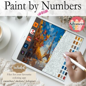 May include: A digital paint by numbers app on a tablet with a stylus. The image shows a colorful painting of a cityscape with a tower and trees. The app includes a color palette and a numbered grid.