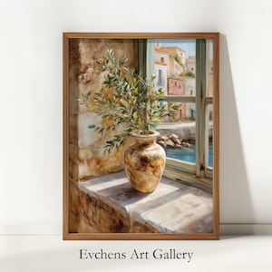Könnte beinhalten: Gerahmter Kunstdruck einer Stillleben-Szene. Eine dekorative Vase mit Olivenzweigen steht auf einer Fensterbank, mit Blick auf eine Küstenstadt durch das Fenster. Das Kunstwerk ist mit "Evchens Art Gallery" signiert.