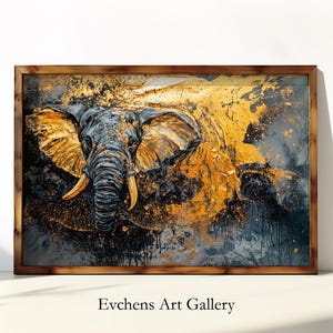 Golden Elephant Wall Art, Digital Art, Animal Painting, Abstract Wall Art, Elephant Portrait, Black and Gold, Modern Animal Art, Luxurious