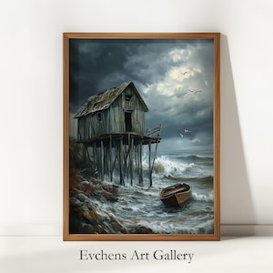 May include: A painting of a weathered wooden shack on stilts overlooking a stormy sea. The shack has a dark gray roof and a wooden door. A small boat is in the water in the foreground. The sky is dark and cloudy with a few birds flying overhead.