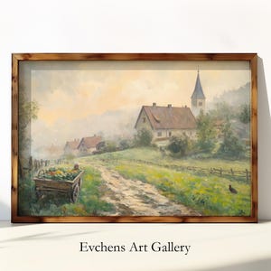 Ländliche Szene mit Blumenwagen, romantische Landschaftskunst, rustikale Ölgemälde Wandbild, Vintage Stil Bauernhof Kunst #159