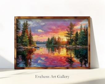 Sunset Landscape Oil Painting Wall Art, Lake Reflection Forest Scene