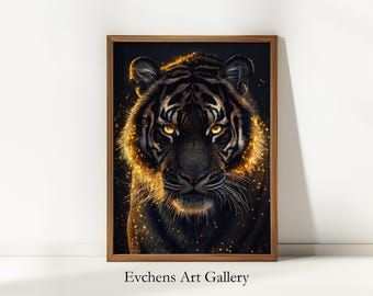 Golden Tiger Wall Art, Digital Print, Dark Aesthetic, Wildlife Art, Tiger Portrait, Black Gold Poster, Majestic Animal Art