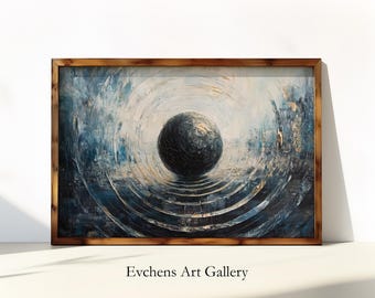 Abstract Wall Art, Black Sphere Centerpiece, Modern Oil Painting, Minimalist Decor
