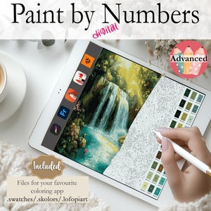 May include: Digital paint by numbers image on a tablet screen showing a waterfall scene. The image is labeled "Advanced" and includes a color palette and a stylus.