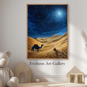 Wüstenlandschaft-Wandkunst, Sternenhimmel und Kamel, digitale Wandkunst, Poster-Druck #247