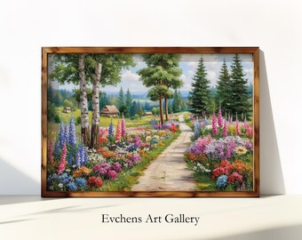 Wall Art, Spring Flower Path Print, Garden Landscape Poster, Digital Nature Art
