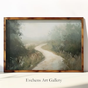 Puede incluir: Una pintura enmarcada de un camino sinuoso a través de un bosque brumoso. El camino es claro y el bosque es de un verde apagado.