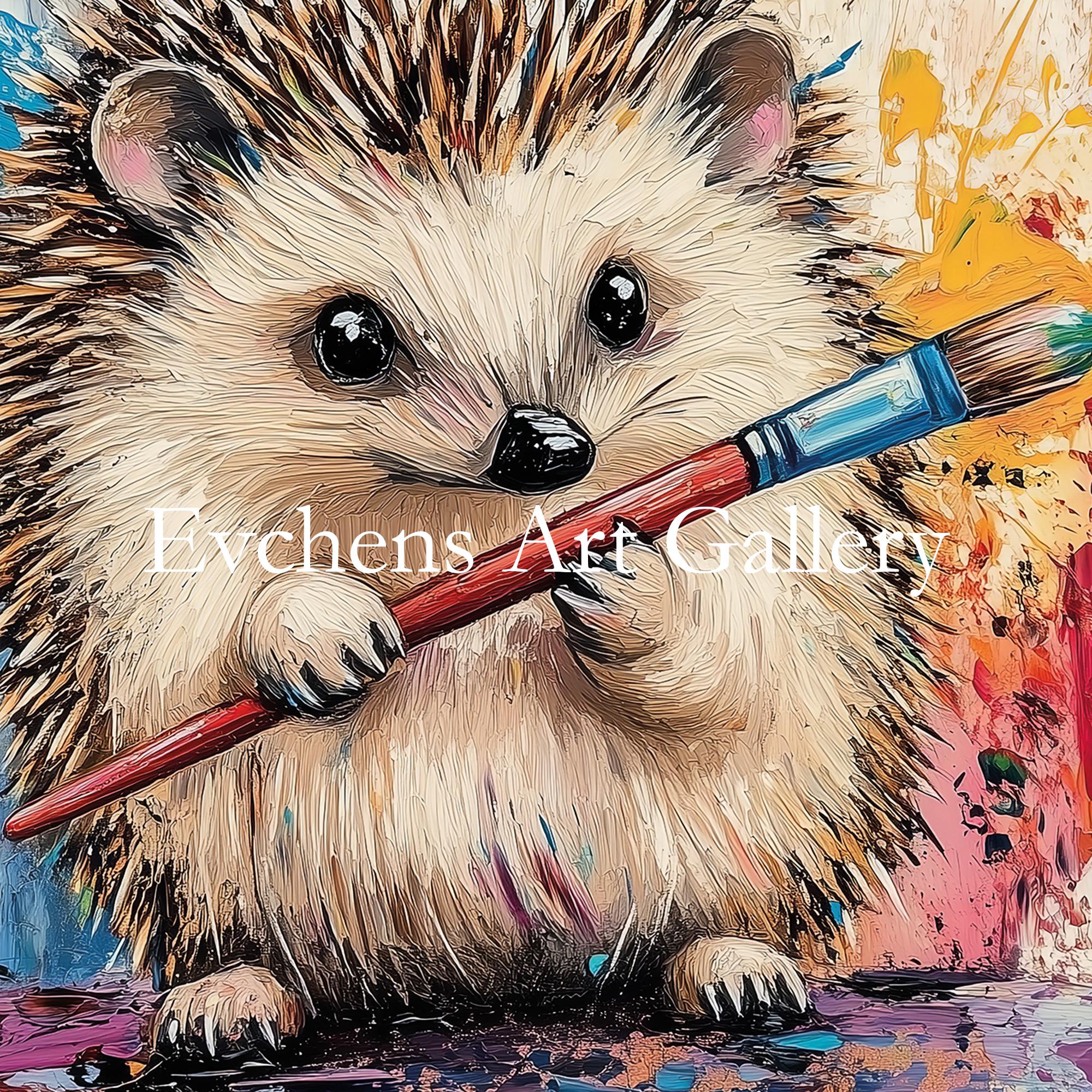 ハリネズミの壁アート油絵ブラシとカラフルな背景を持つ動物の肖像画