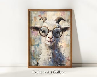 Funny Goat Wall Art, Modern Animal Painting, Boho Oil Print, Digital Art, Living Room Decor, Glasses Goat, Playful Wall Print