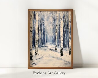 Winter Forest Landscape – Winter Wall Art, Modern Acrylic Painting, Forest Scene, Minimalist Art, Blue and White Printable Art