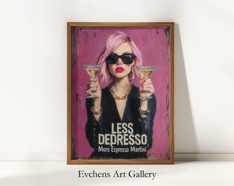 Pop Art Wall Art Fashion Woman with Cocktail Pink Retro Poster Funny Espresso Martini Artwork Modern Contemporary Wall Decor