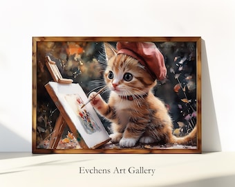 Kitten Wall Art, Cute Cat Painting, Funny Animal Art, Nursery Decor, Digital Download, Art for Cat Lovers