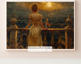 Dafne sul balcone, dipinto ad olio, Daphne Bridgerton, vista notturna dal balcone, stile vittoriano, luci della città, arte murale romantica