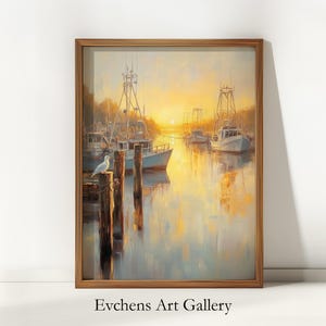 Harbor Scene at Sunrise, Maritime Wall Art, Romantic Landscape Painting, Digital Wall Art, Oil Painting, Printable Wall Art