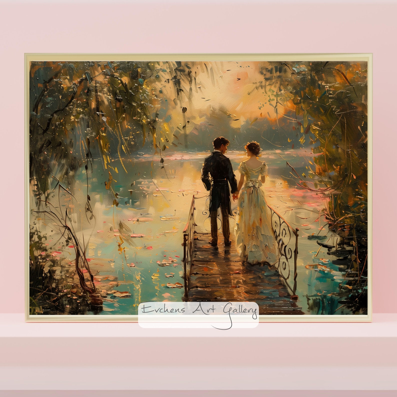 Romantic Couple by the Lake, Romantic Scene, Impressionistic
