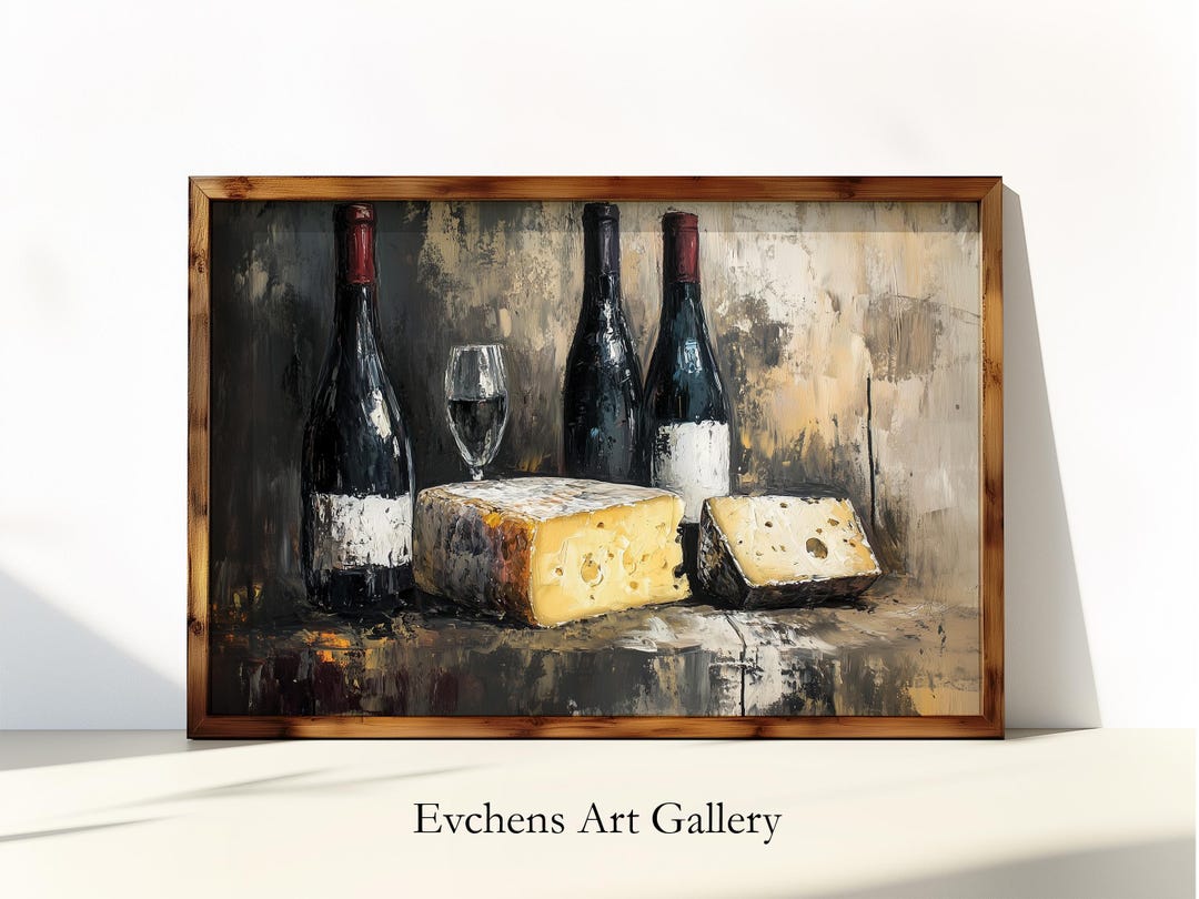 Still Life Oil Painting With Wine and Cheese, Wall Art, Kitchen Art ...