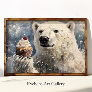 Polar Bear Wall Art, Funny Design with Cupcake, Digital Art, Poster Print