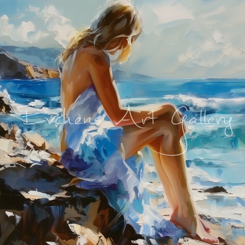 Pu&ograve; includere: Una donna con un vestito blu &egrave; seduta su una costa rocciosa, guardando l'oceano. L'acqua &egrave; di un blu vibrante e ci sono onde bianche che si infrangono contro le rocce. Il cielo &egrave; di un azzurro chiaro con nuvole bianche.